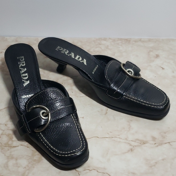 Prada Black Leather Mules with Buckle Detail Size 35.5 - Picture 1 of 7